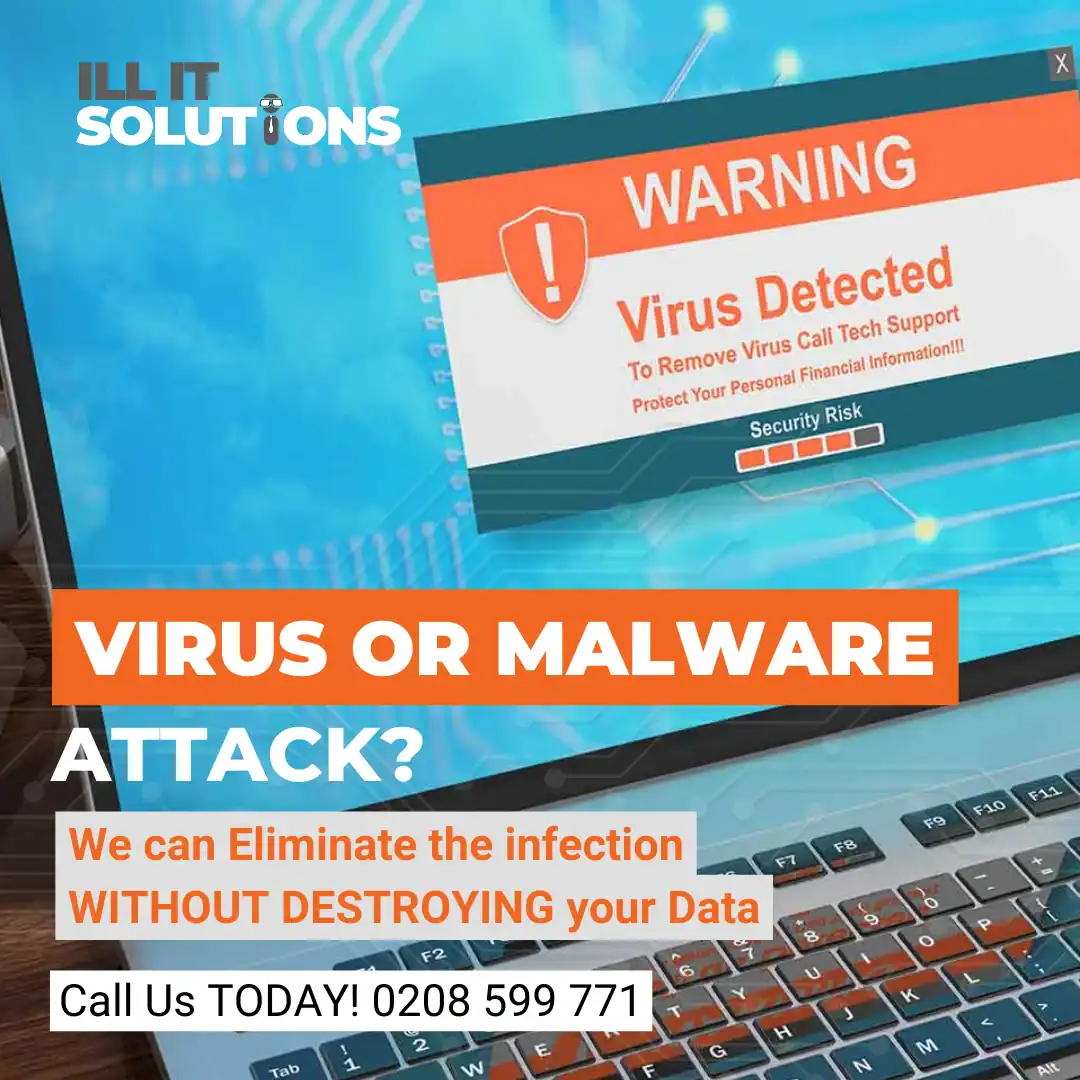 Computer screen showing virus warning alert, highlighting malware threat in Romford.