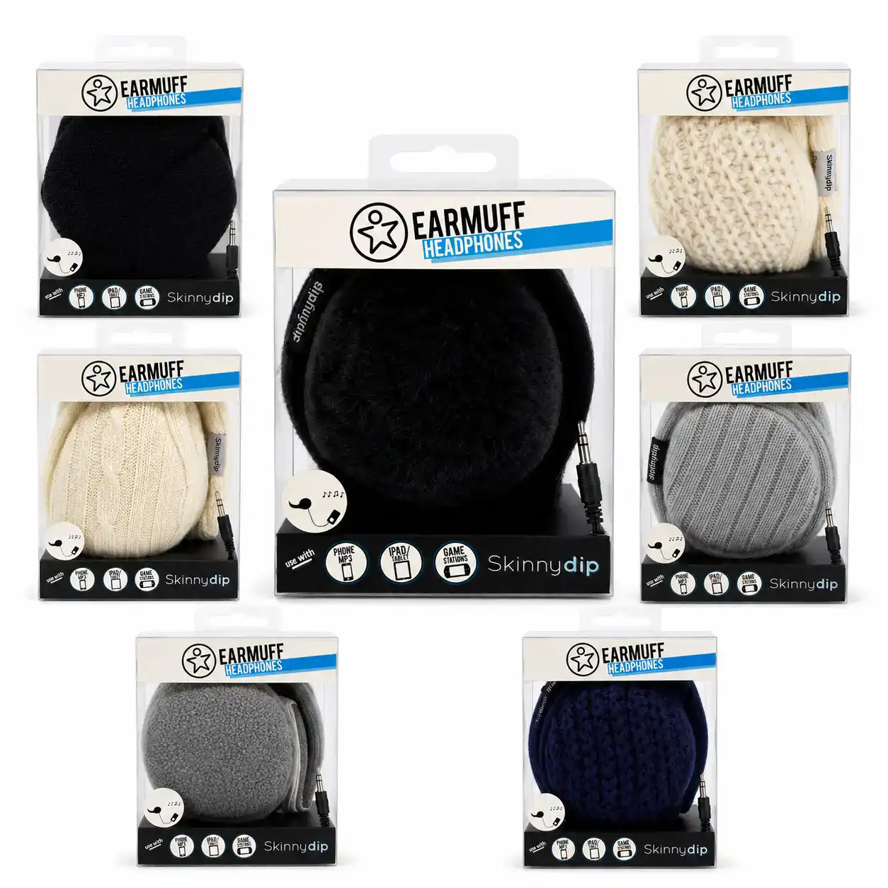 Variety of Skinny Dip earmuff headphones in different colours for winter warmth and style.