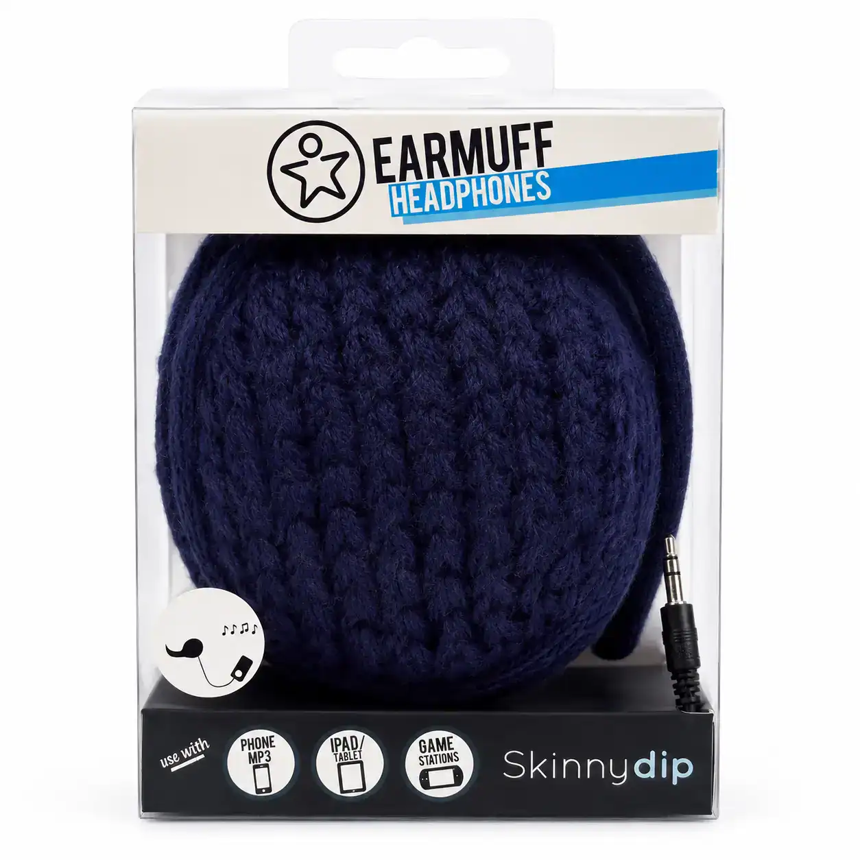 Blue knitted earmuff headphones for winter and travel.