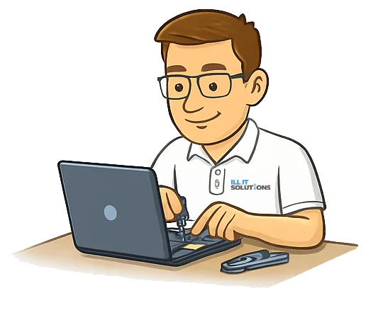 Cartoon illustration of laptop repair technician wearing ILL IT Solutions Uniform fixing a broken laptop in Romford Essex
