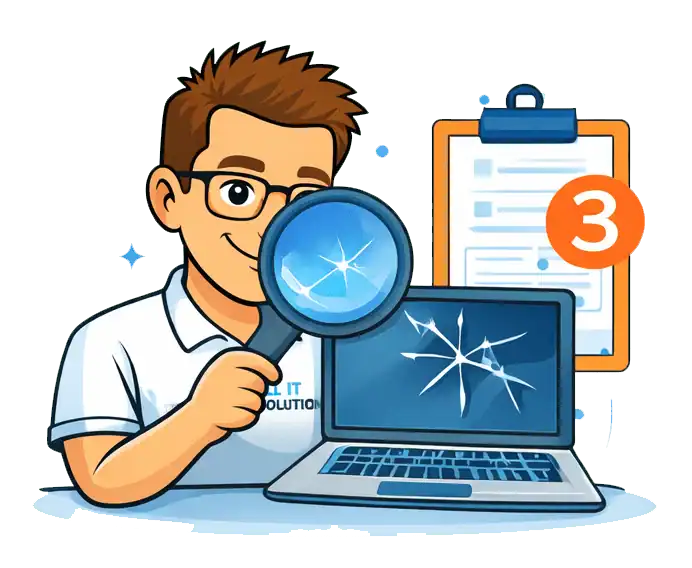 IT support technician examining a laptop with a magnifying glass in Romford.